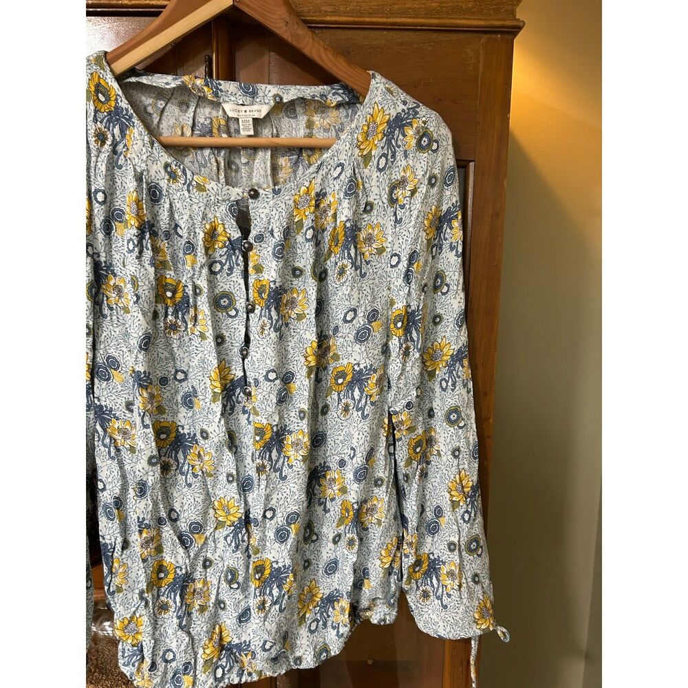 Womens Lucky brand Sunflower Western Blouse, Tie sleeve, Floral, Country